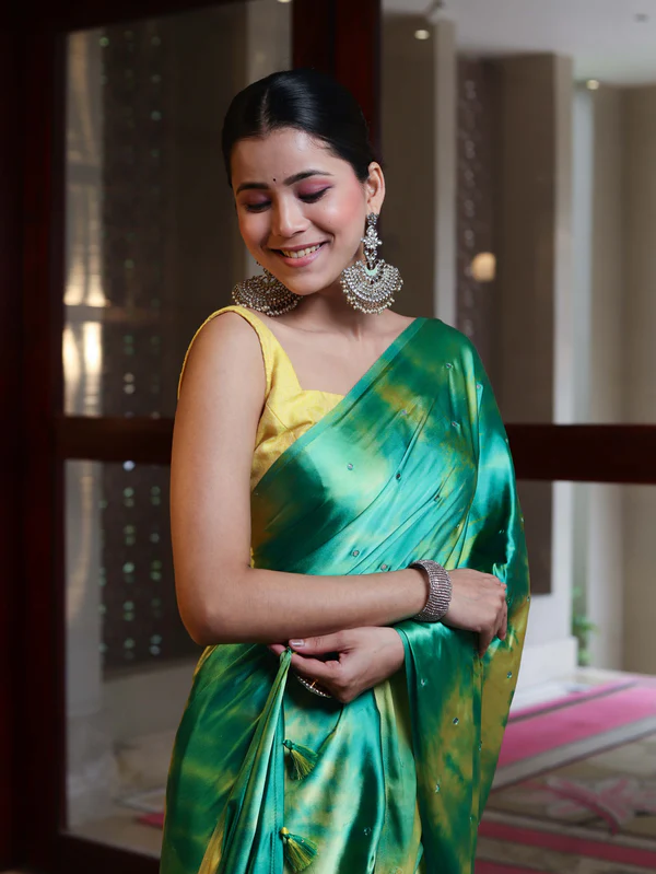 Green Silk Saree with Golden Border