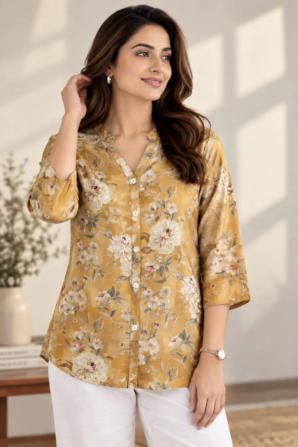 Mustard Floral Print Mandarin Collar Tunic Shirt for Women